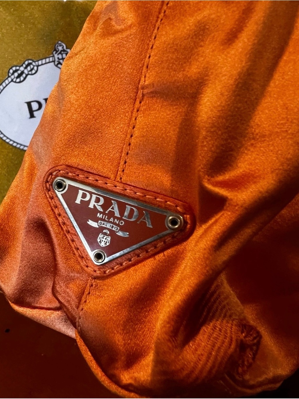 Vintage Prada Coral Orange Satin Bag Plexiglass Handle Made in Italy - Picture 6 of 11